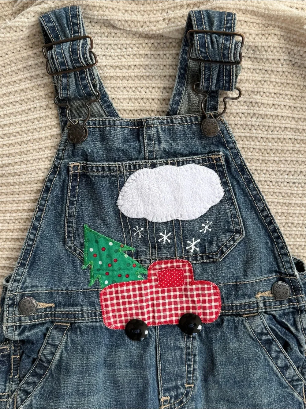 Oshkosh 3T Denim Overalls Christmas Holiday Red Plaid Truck Tree Retro Applique